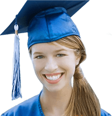 A smiling graduate in a blue cap